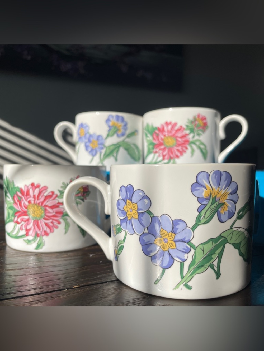 90s Boho Floral Stoneware Mugs • Set of 4 Terrace Blossoms Tea Cups
